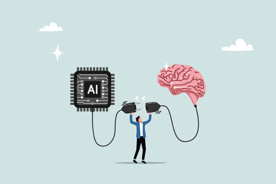 AI machine learning, neural network technology or human to work together with AI artificial intelligence, innovation technology concept, businessman connect human brain with AI chip processing unit.