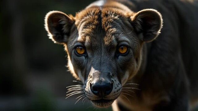 Close-up face of an endangered fossa animal with striking orange eyes