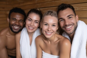 Fototapeta premium Four smiling friends sit together in a wooden sauna with white towels, enjoying the relaxing warmth. Their bright expressions show contentment and shared peace.