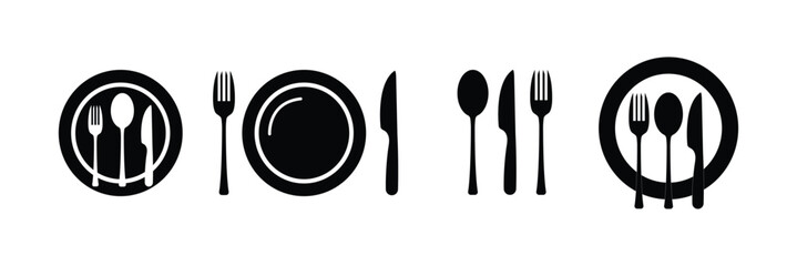 Spoon, Fork, Knife and Plate Icon Collection – Tableware Symbols for Cafes, Food Services and Restaurant Branding. vector.

