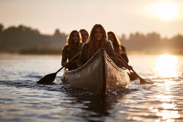 Four young women paddling a canoe together on a calm lake at sunset, smiling while enjoying an adventurous outing. This image beautifully shows teamwork and outdoor joy.