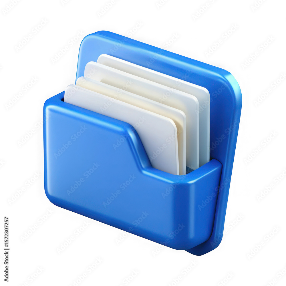 Poster a blue 3d folder icon contains several white documents, symbolizing data storage isolated on transpa