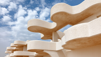 Wavy architectural design against blue sky with clouds