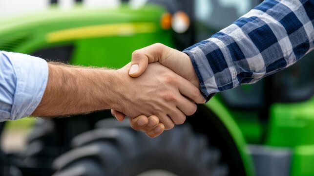 Successful Farm Equipment Deal Handshake - Two farmers shaking hands, symbolizing agreement, partnership, trust, success, and agricultural progress. A green tractor is blurred in the background