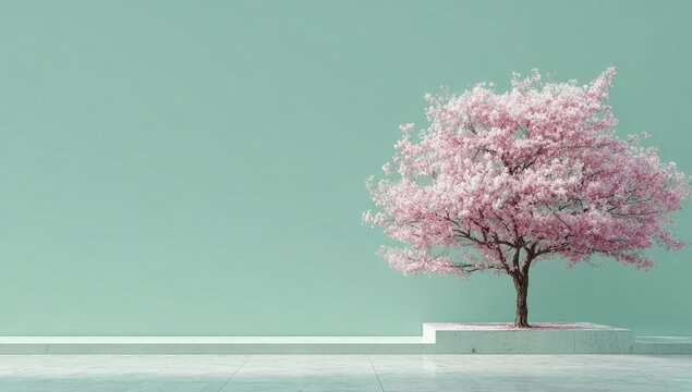 Pink cherry blossom tree against mint green wall