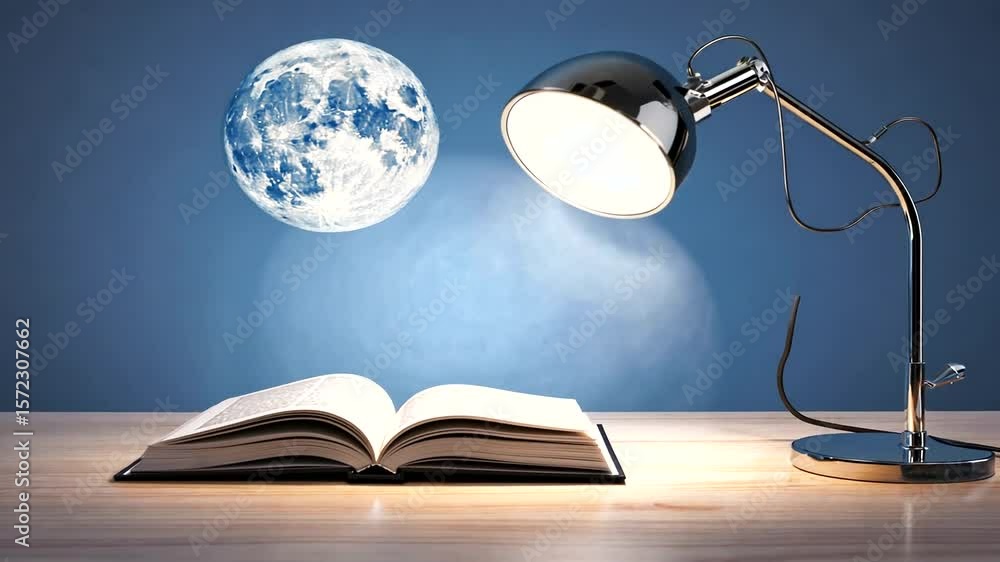 Poster a serene study scene featuring an open book illuminated by a desk lamp with a moon backdrop