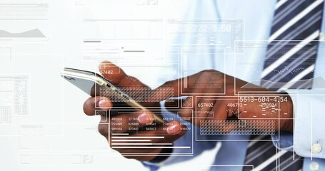 Business professional tapping smartphone and scrolling pulsing data grids for financial analysis - Powered by Adobe