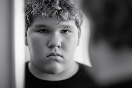 Overweight boy looking in mirror black and white, thoughtful overweight child portrait, concept image for introspection and self esteem