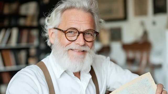 Gentleman's Gaze: An elderly gentleman with distinguished grey hair and a full beard wears glasses, smiles gently, and holds a piece of paper, appearing to be reading, surrounded by books.