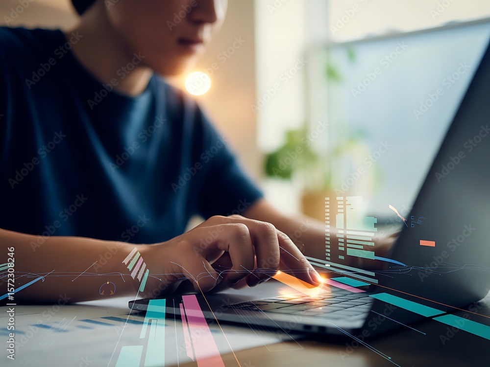 Poster person using laptop with digital data overlays keyboard