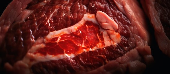 Fresh raw red meat, including beef steaks and pork chops, ready for cooking a gourmet dinner