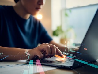 Person using laptop with digital data overlays keyboard