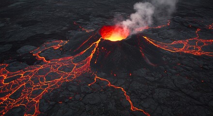 Volcanic eruption with glowing red lava flows and rising smoke from a dark volcanic cone