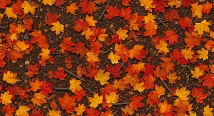 Vibrant red orange yellow maple leaves scattered on dark brown earth with twigs