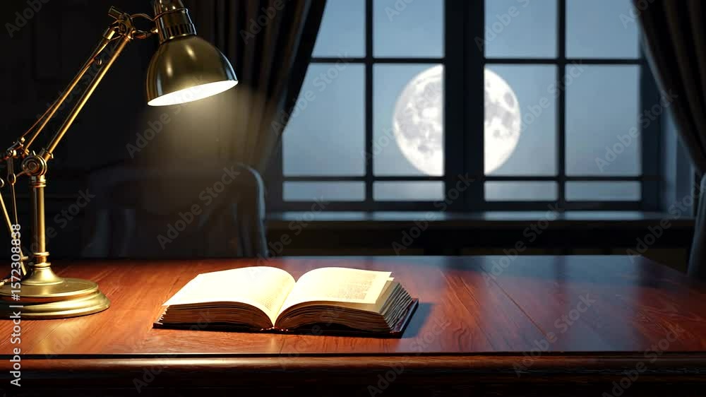 Poster a softly illuminated desk with an open book, a lamp casting light, and a full moon outside the windo