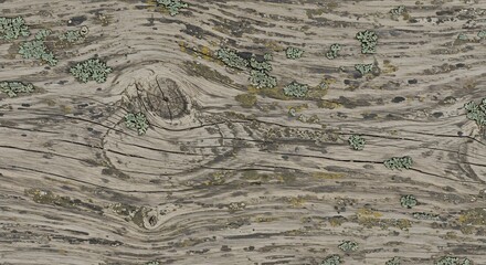Weathered wood surface with prominent grain cracks and patches of light green lichen and dark discoloration