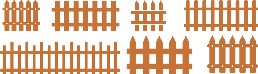 Wooden Fence Icon set. Classic Garden Fencing Symbol. Simple Wooden Fence cassic picket fence that embodies simplicity and security its clean lines and rustic charm.collection of Garden fence wooden.