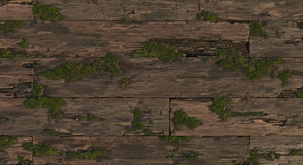 Weathered wooden planks covered with patches of vibrant green moss