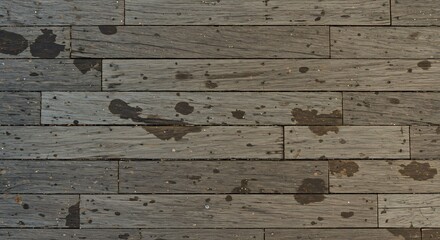 Weathered wooden planks with irregular dark liquid splotches and specks