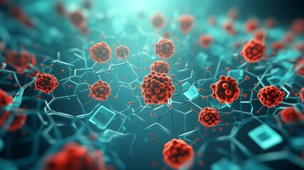 Microscopic View of Virus Cells Attacking Human Cells, Illustrating Disease Transmission Process