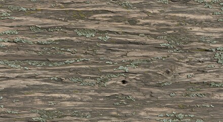 Weathered wooden surface with horizontal grain cracks a knot a hole and patches of greengrey lichen