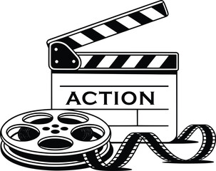 Film Reel and Clapperboard Action Icon, Movie Production Vector Art.

