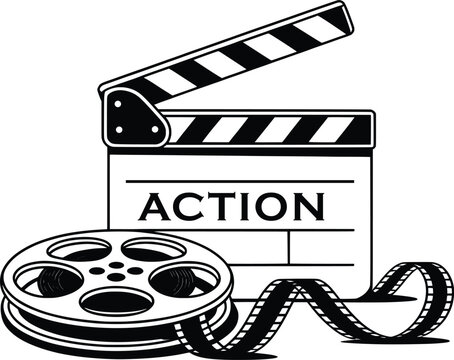 Film Reel and Clapperboard Action Icon, Movie Production Vector Art.

