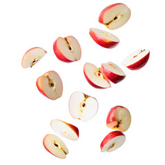 Red Apple Slices Falling, Isolated on Transparent PNG, Vibrant, Fresh