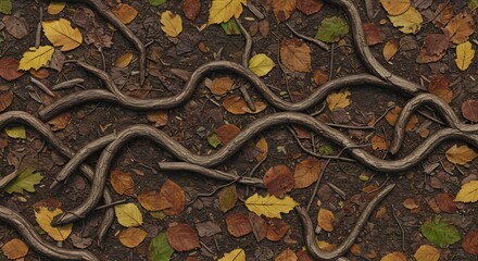 Winding tree roots and autumn leaves scattered across dark forest ground