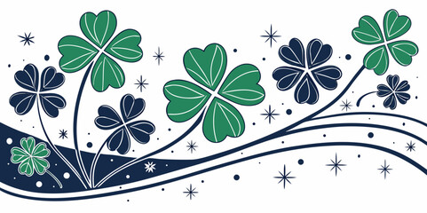 Flat design of green shamrock or clover leaves pattern on dark purple white  background, used as decoration for St. Patrick's Day.