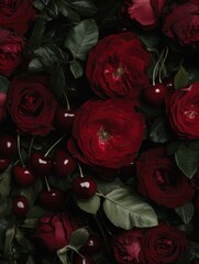 Moody aesthetic composition with red roses cherries and leaves wallpaper background for blogs instagram social media pinterest content marketing