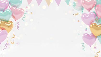 Pastel heart balloon border, Party balloon and confetti decorative frame background