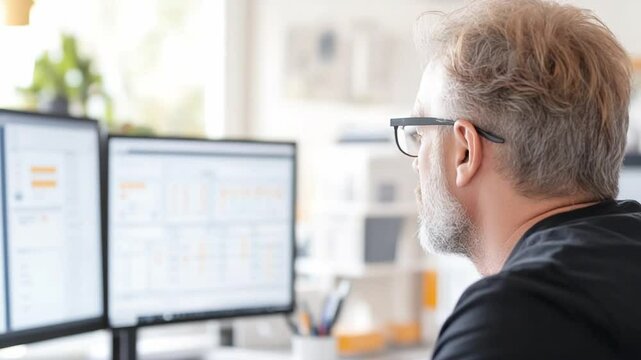 Focused Insight: A senior professional is immersed in his work, eyes fixed on data presented on twin monitors, exuding a sense of focus and expertise in the digital world.