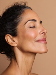 Elegant close-up side portrait of mature woman with smooth natural skin and dark hair, aesthetic social media instagram pinterest content marketing and branding