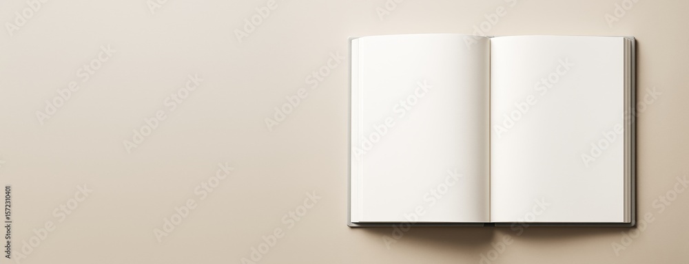 Aufkleber Open blank book with white pages on beige background and copyspace on left side, clean minimal layout for design or advertising mockup template.