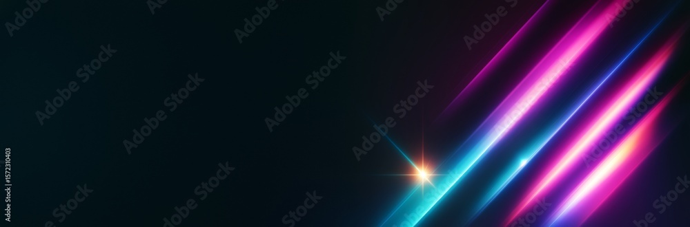Aufkleber Abstract glowing neon light streaks on dark background with empty space on left for futuristic banner or poster design template concept.