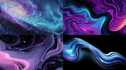 Obraz premium Abstract collage; swirling galaxy, vibrant fluid art, wave, cosmic specks