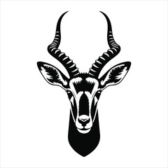A black and white illustration of an antelope head, featuring prominent, ridged, and curved horns, and distinctive facial markings. © Tirtho