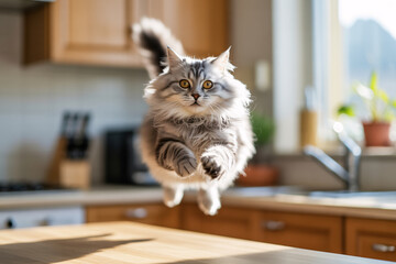 luffy cat mid-air jumping over kitchen counter. Concept of playful energy and curiosity