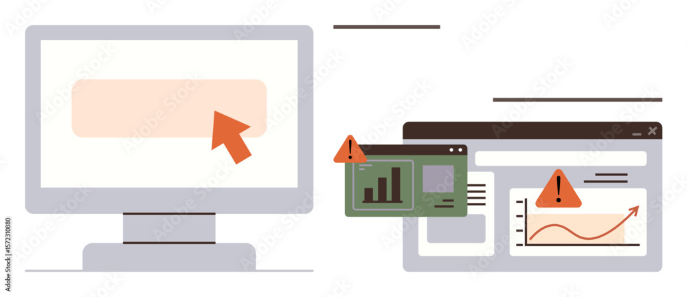 Poster computer monitor and browser windows with warning alerts and graphs display data issues. ideal for t