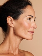 Elegant close-up side portrait of mature woman with smooth natural skin and dark hair, aesthetic social media instagram pinterest content marketing and branding