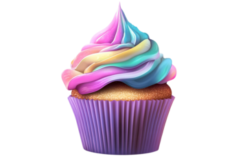 Rainbow Swirl Cupcake, Isolated on Transparent PNG, Whimsical Design
