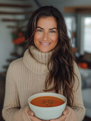 A young woman warmly holds a bowl of creamy tomato soup garnished with basil, in a cozy kitchen setting.

