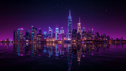 Futuristic Neon-Noir City Skyline Reflecting on Water at Night