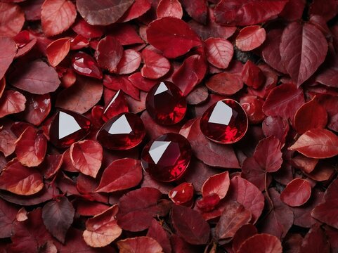 View of Red Ruby Stones on red leaves