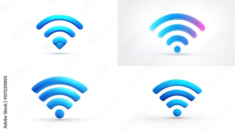 Fototapete and keyword list based on the image four variations of a 3d stylized wi-fi signal icon in shades of 