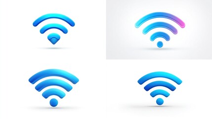 and keyword list based on the image

  Four variations of a 3D stylized Wi-Fi signal icon in shades of blue, with gradient and solid color options, suitable for digital interface design or branding.