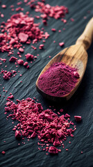 Close-up of natural red beetroot powder in a bowl with fresh beetroots, vibrant and organic food ingredient.
