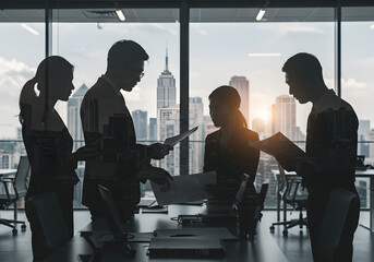 Silhouetted business team reviewing documents in a modern office setting with city view.