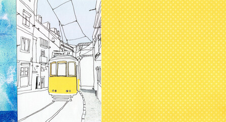 Illustration of a yellow tram in Lisbon with abstract collage background